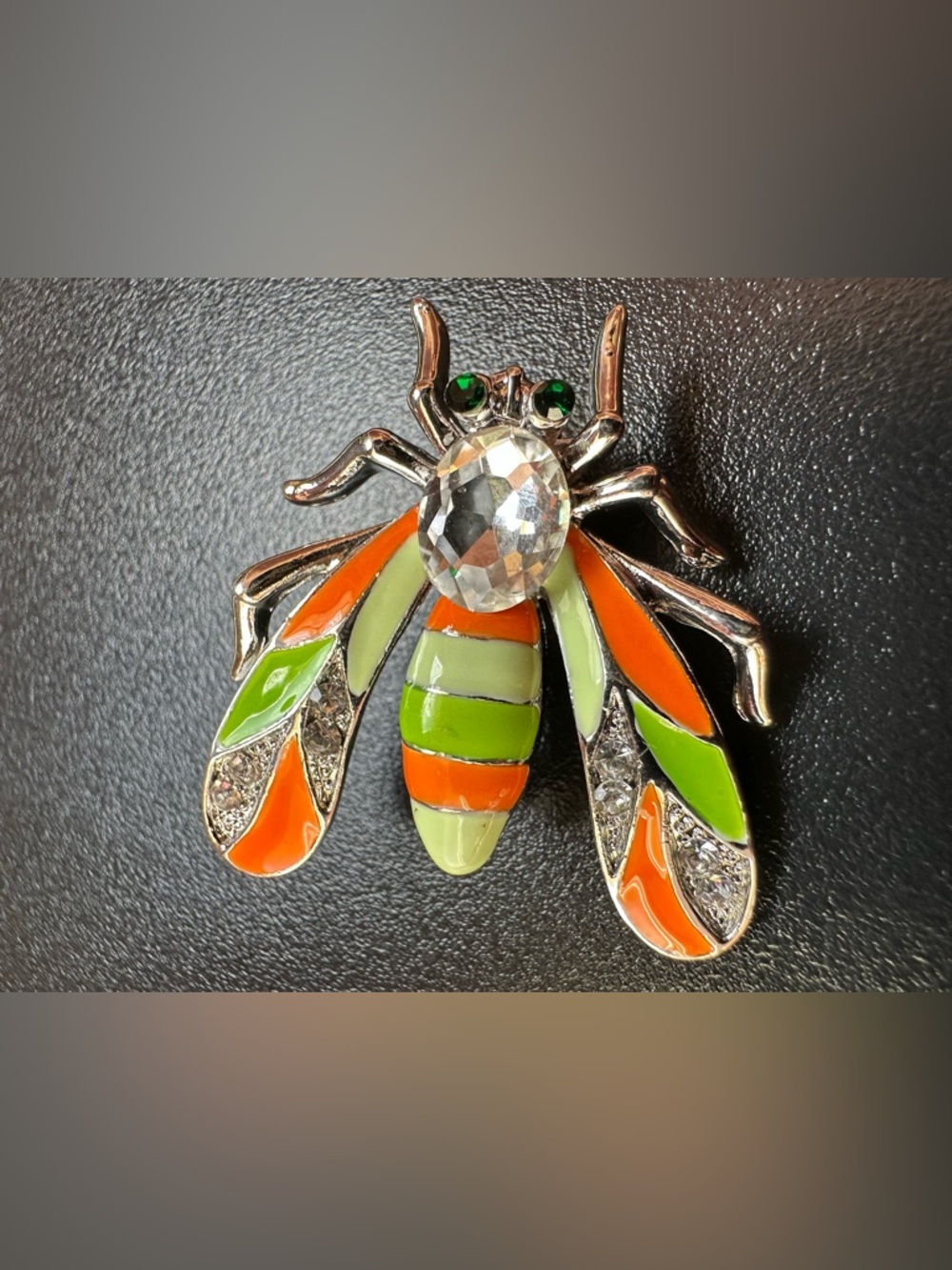 Orange & Green Enamel Bee Brooch - Picture 4 of 7